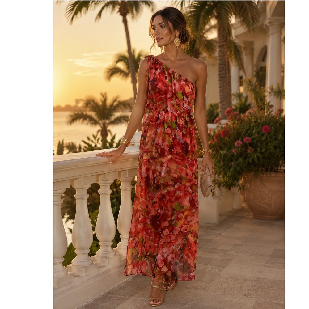 Lara G Italy Silk Blend Floral One Shoulder Maxi Dress Red Orange L Resort Glam